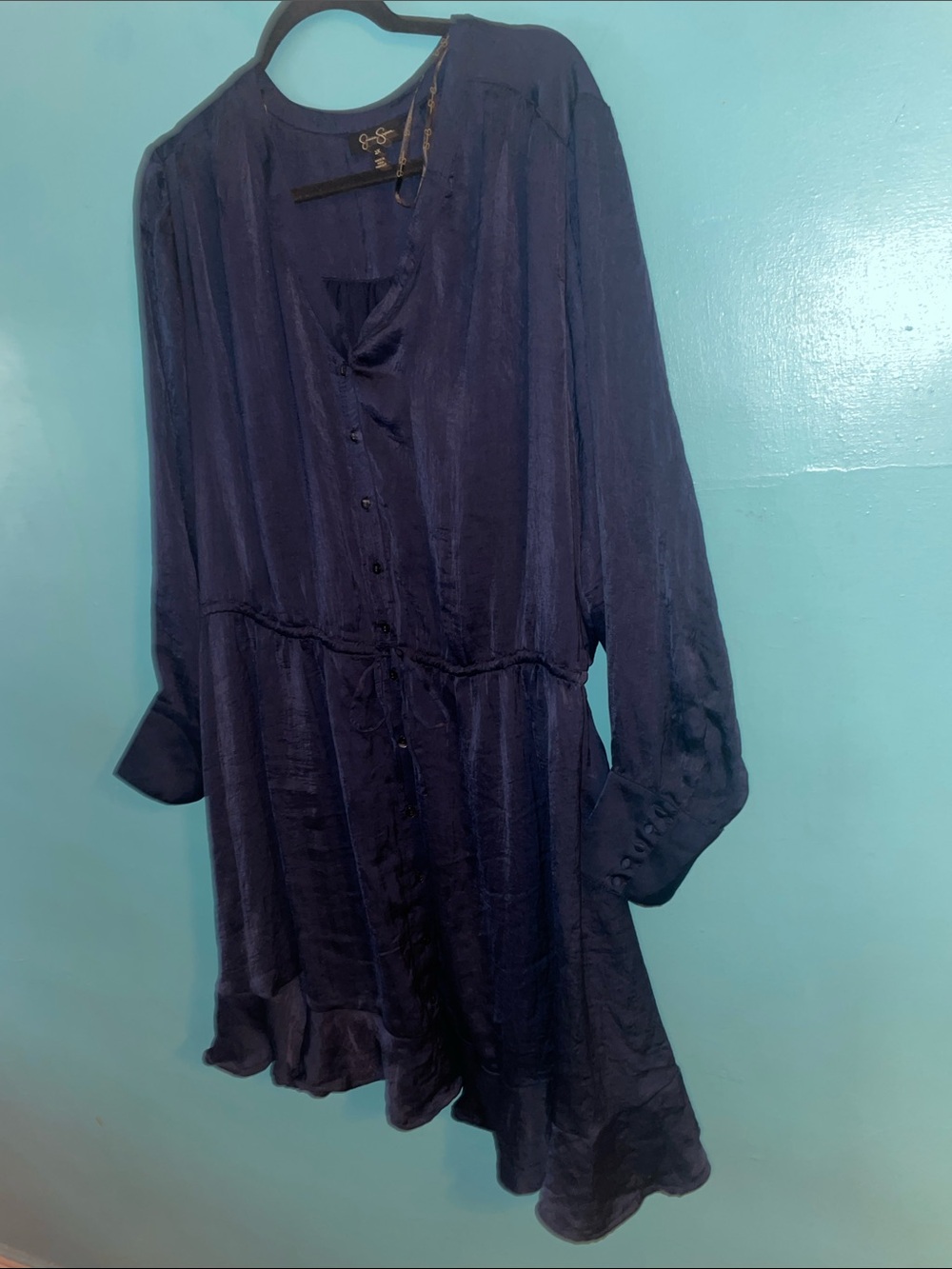 Jessica Simpson Navy Long Sleeve Drawstring Button Dress